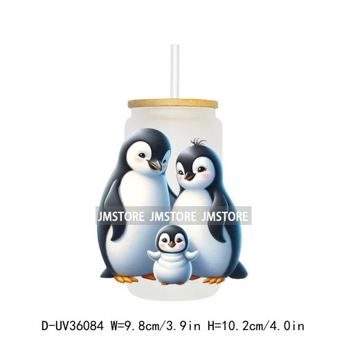 Penguin Family Coquette Bow UV DTF Transfer Stickers Decals Ready To Apply Waterproof For 16OZ Libbey Glass Can Cups Tumbler