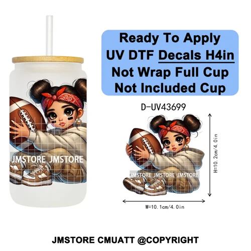 Cute Latina Baby Girl American Football UV DTF Cup Decals Ready To Apply Transfer Stickers Durable For Libbey Glass Can Tumbler