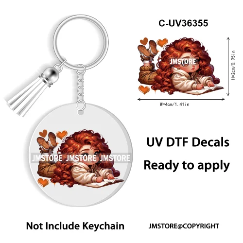 Cartoon Princess Reading Bookish UV DTF Decal Round Keychain Ready To Apply WaterProof Transfer Stickers For Circle Keychain