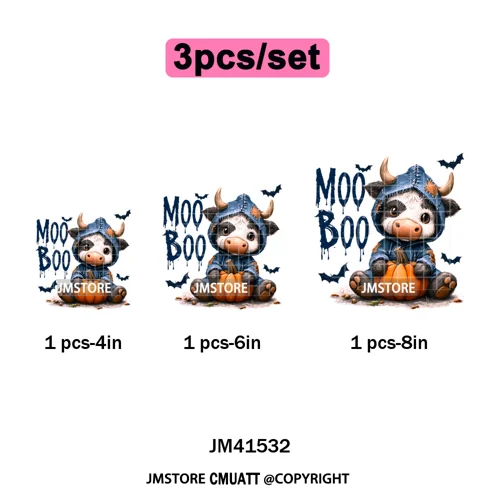 Pumpkin Leopard Spooky Ghost Moo Boo Cow Pet Halloween Bow Iron on DTF Washable Transfers Stickers Ready to Press for T-shirts