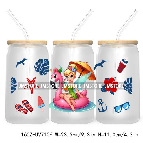 Cartoon Princess's Summer Vacation 16OZ UV DTF Cup Wrap Transfers Stickers For Libbey Glass Can Cups Tumbler Waterproof Craft