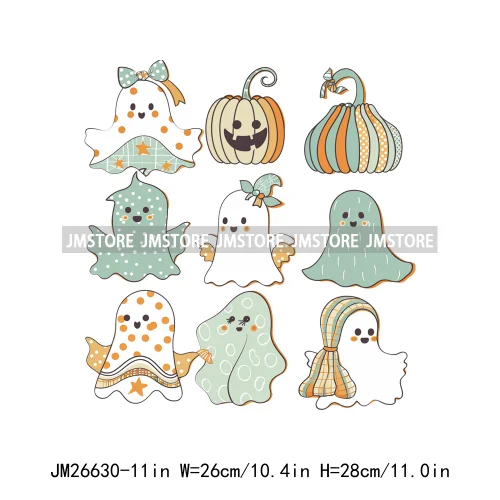 Colorful Halloween Spooky Season Cute Ghost Pumpkin Girly Coquette Bow DTF Iron On Transfers Stickers Ready To Press For T-shirt