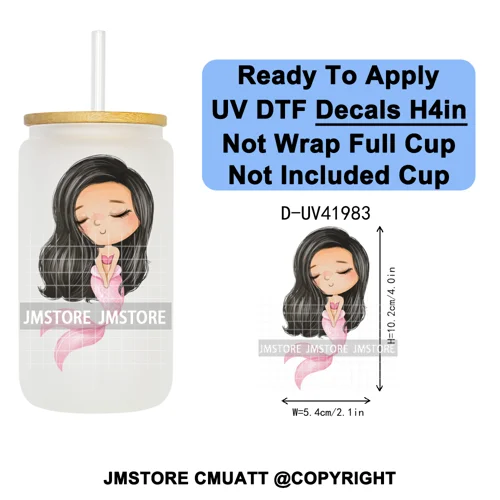 Cute Little Mermaid Cartoon Princess Festive UV DTF Transfer Stickers Decals Ready To Apply Waterproof For 16OZ Libbey Glass Can
