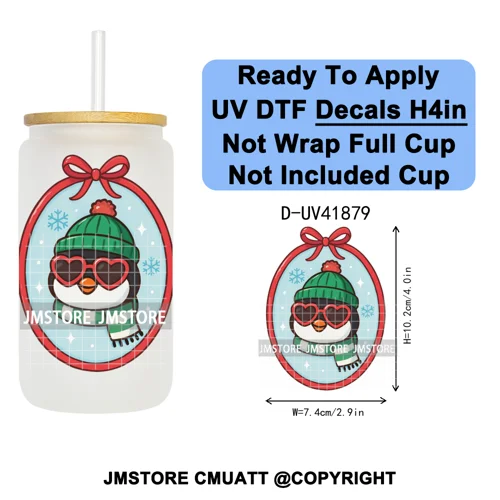 Preppy Christmas Stamps Xmas Card UV DTF Transfer Stickers Decals Ready To Apply Waterproof For 16OZ Libbey Glass Can Tumbler