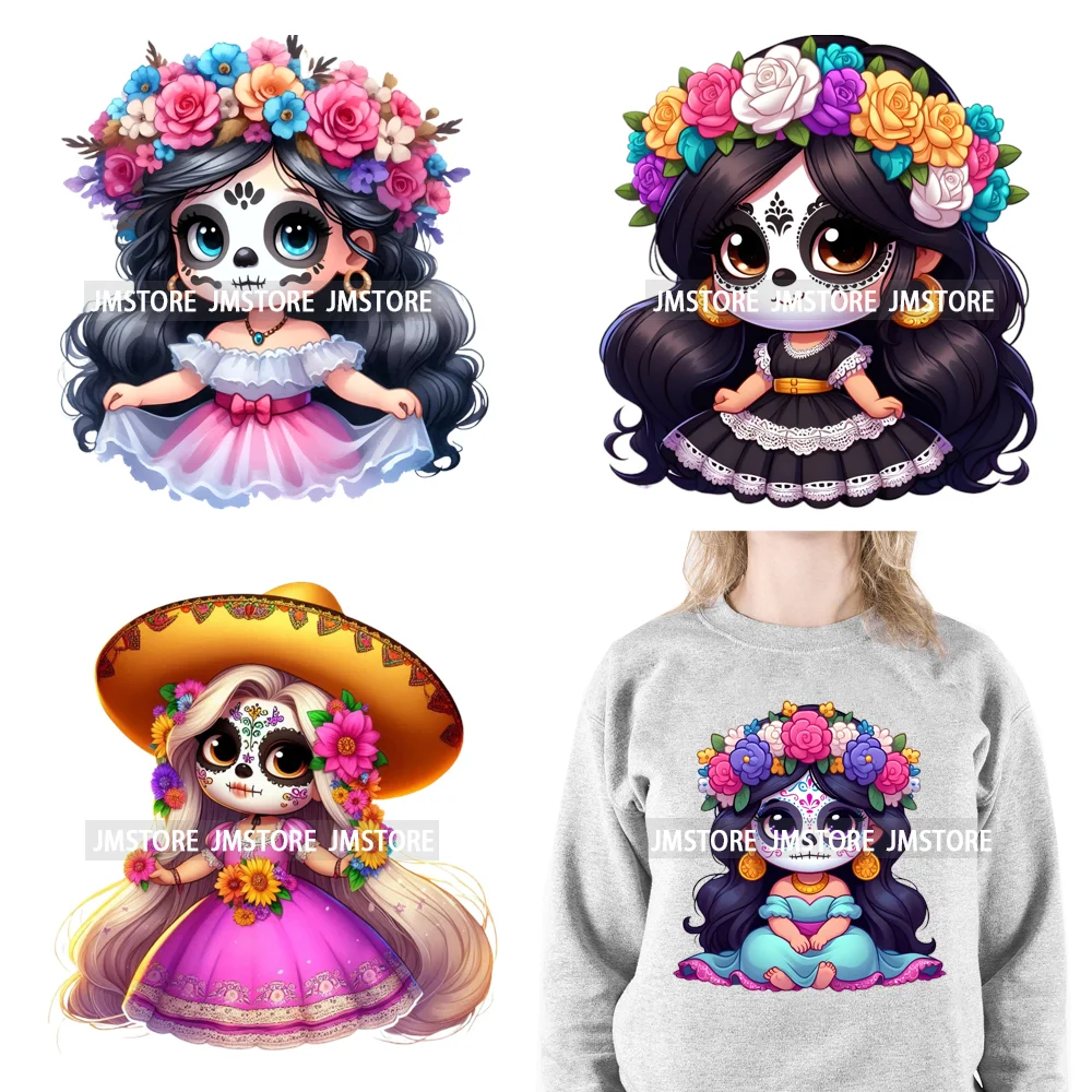 Diy Dia De Los Muertos Sugarskull Calavera Day Of The Dead Catrina Floral Princess Iron On DTF Transfers Stickers For T-shirts