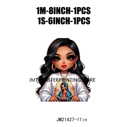 Chibi Cute Chicana Doll Guadalupe Lady Skull Latina Woman Cold Peel Decals Iron On DTF Transfers Stickers For Shirts Bags Pillow