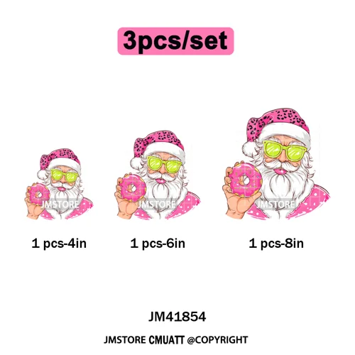Pink Cartoon Glasses Coffee Drink Leopard Blowing Santa Claus Christmas Iron on DTF Transfer Stickers Ready to Press for T-shirt