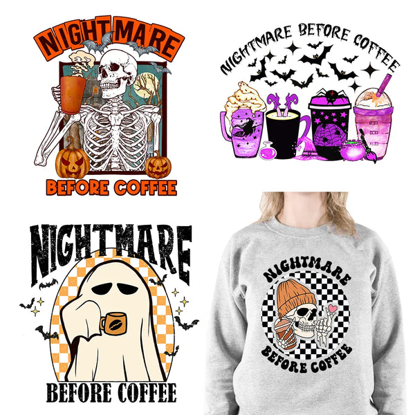 New Nightmare Before Coffee Emotional Support Drink Stickers Halloween Ghost Skeleton Logo DTF Transfer Decals For Clothes Bags