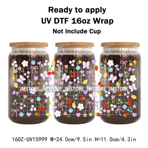 Floral Coquette Bow Strawberry Lemon Bookish UV DTF Wraps Transfer Sticker Waterproof Logo For 16OZ Libbey Glass Can Tumbler