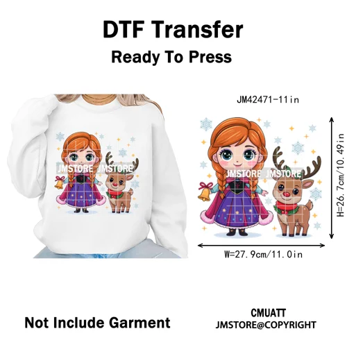 Cute Cartoon Movie Princess Christmas Winter Girly Kids Holiday Iron on DTF Washable Transfer Sticker Ready to Press for Clothes