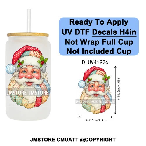 Christmas Santa Claus Patchwork UV DTF Decals Ready To Apply Waterproof Transfer Stickers DIY Crafts For 16OZ Libbey Glass Can