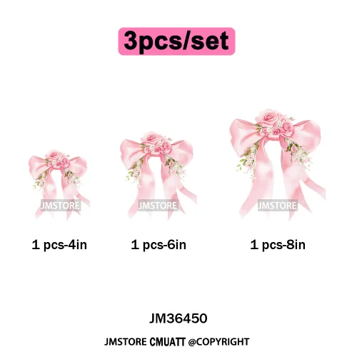 Pink Bow Silk Wedding Coquette Girl Ribbon Tied Printing Iron on DTF Thermal Transfers Stickers Ready to Press for Clothing Bags