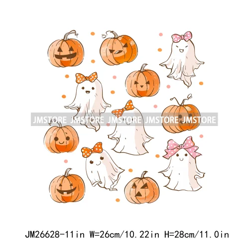 Colorful Halloween Spooky Season Cute Ghost Pumpkin Girly Coquette Bow DTF Iron On Transfers Stickers Ready To Press For T-shirt