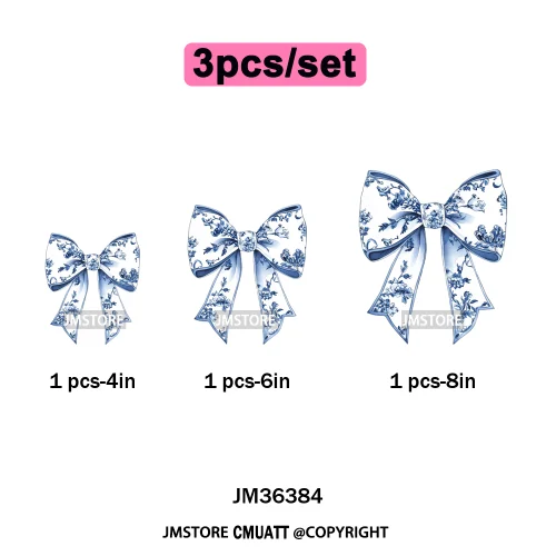 Blue And White Toile Chinoiserie Floral Coquette Bow Thermal Decals Iron on DTF Transfers Stickers Ready to Press for Clothing