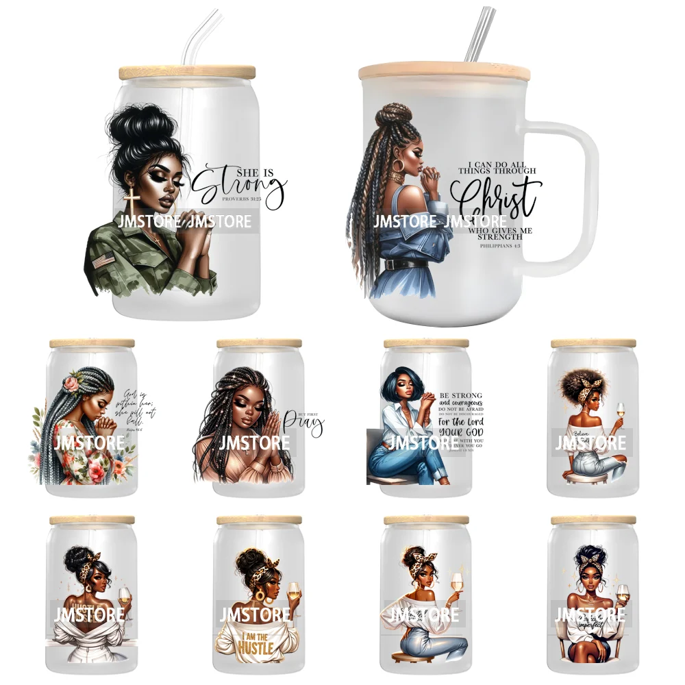 Fashion Girl Praying Black Women UV DTF Decals Ready To Apply Waterproof Transfer Stickers DIY Crafts For 16OZ Libbey Glass Can