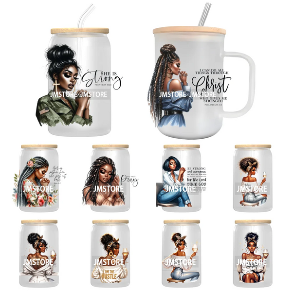 Fashion Girl Praying Black Women UV DTF Decals Ready To Apply Waterproof Transfer Stickers DIY Crafts For 16OZ Libbey Glass Can