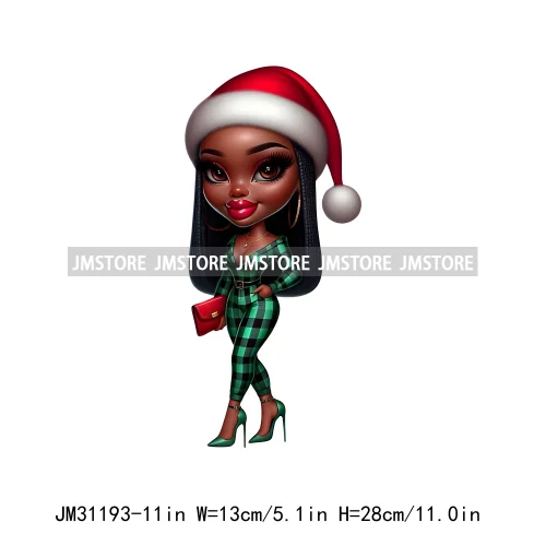 Fashion Santa Afro Black Woman Merry Christmas Girly Winter Iron On DTF Transfers Stickers Printing Ready To Press For Clothing