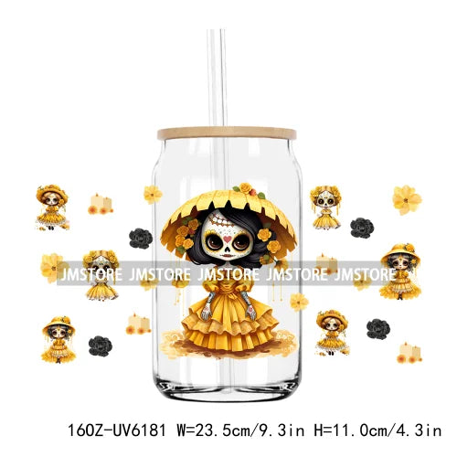 Day Of The Dead Mexican Chingona Lady Skull UV DTF Sticker For 16OZ Libbey Glass Cup Can Wrap Transfer Stickers DIY Custom Label