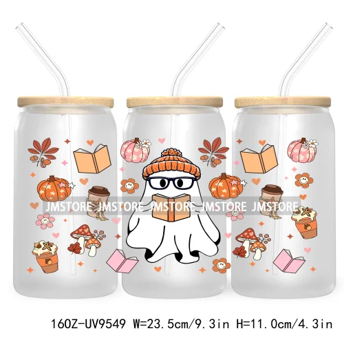 Cute Ghoul Halloween 16OZ UV Cup Wrap DTF Transfer Stickers For Libbey Glass Can Cups Tumbler Waterproof Labels Ghost Reading