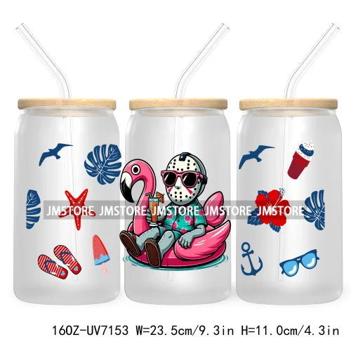 Horror's Summer Vacation 16OZ UV DTF Cup Wrap Transfers Stickers For Libbey Glass Can Cups Tumbler Waterproof Craft Cartoon Girl