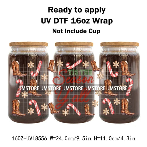 Preppy Christmas Candy Cane Xmas Tree UV DTF Cup Wrap Ready To Apply Transfer Stickers 16OZ Tumbler Wraps For Libbey Glass Can