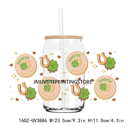 St Patrick's Day UV DTF Sticker For 16OZ Libbey Glass Cup Can Mexican Culture Wrap Transfer Sticker Custom Labels DIY Logo