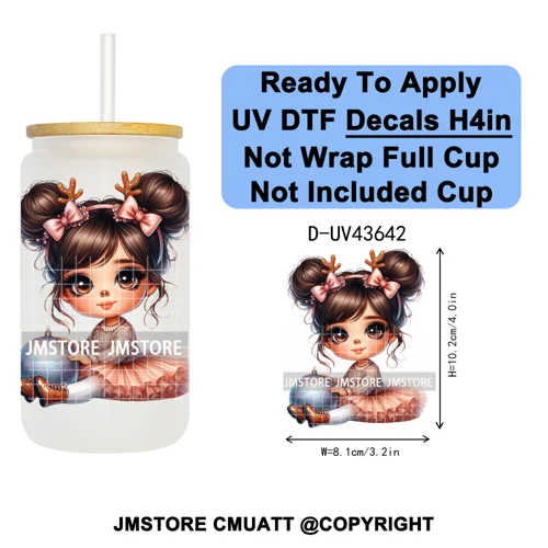 Chibi Cute Mexican Christmas Baby Girl UV DTF Decals Ready To Apply Waterproof Transfer Stickers For 16OZ Libbey Glass Can Mugs