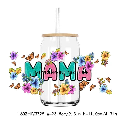 MAMA Sunflower And Butterfly UV DTF Sticker For 16OZ Libbey Glass Cup Can Wrap Transfer Sticker Custom DIY Logo Mothers Day