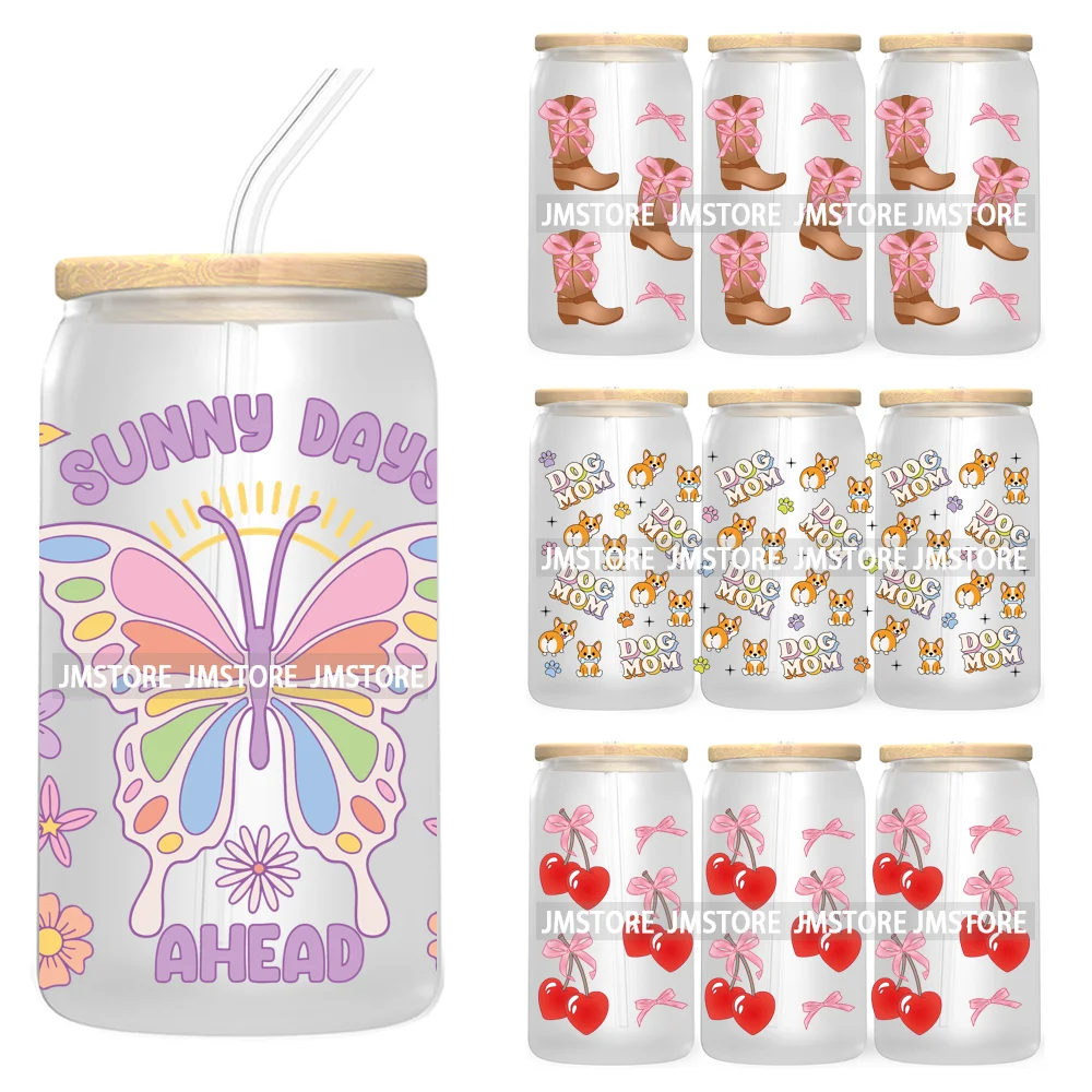 Dog Cat Mom UV DTF Cup Wraps Transfers Sticker For 16OZ Libbey Glass Can Butterfly Flowers Strawberry Coquette Cowgirl Boots