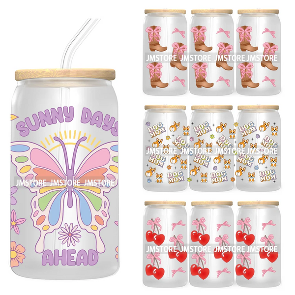 Dog Cat Mom UV DTF Cup Wraps Transfers Sticker For 16OZ Libbey Glass Can Butterfly Flowers Strawberry Coquette Cowgirl Boots