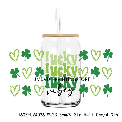 Lucky Blessed 16OZ UV DTF Cup Wrap Transfers Stickers Shamrock Four Leaf Custom Labels DIY Waterproof Logo For Libbey Glass Can