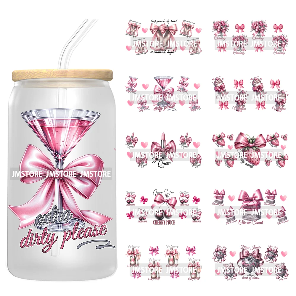 Iced Coffee Girly Pink Cherry Coquette Bow UV DTF Sticker For 16OZ Libbey Glass Cup Can Wrap Transfer Stickers Custom Labels