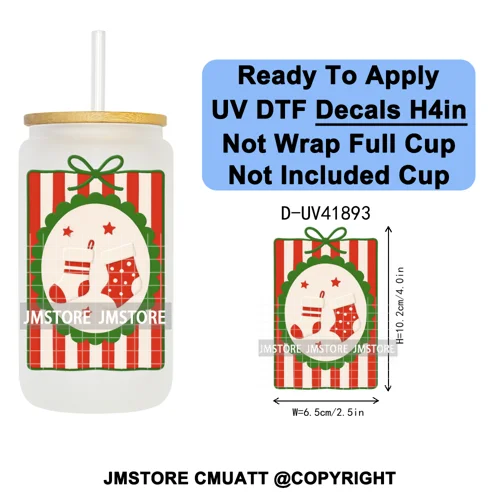 Preppy Christmas Stamps Xmas Card UV DTF Transfer Stickers Decals Ready To Apply Waterproof For 16OZ Libbey Glass Can Tumbler