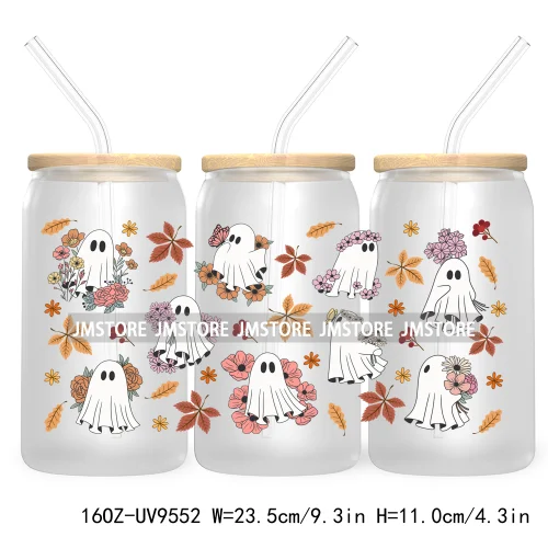 Cute Ghoul Halloween 16OZ UV Cup Wrap DTF Transfer Stickers For Libbey Glass Can Cups Tumbler Waterproof Labels Ghost Reading