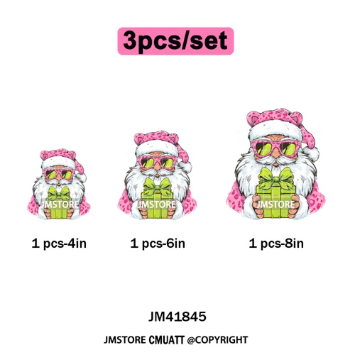 Pink Cartoon Glasses Coffee Drink Leopard Blowing Santa Claus Christmas Iron on DTF Transfer Stickers Ready to Press for T-shirt