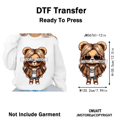12in Girls Female Teddy Bear Duck Urban Sneakers Animal Washable Iron on DTF Transfers Stickers Ready to Press for T-shirts Bags