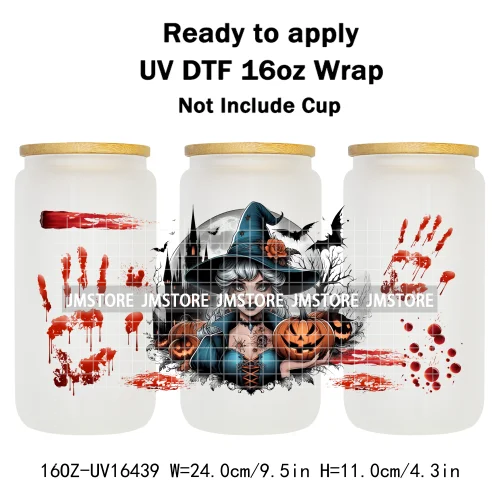 Halloween Witch Princess Bat Pumpkin UV DTF Wraps Transfer Stickers Waterproof High Quality For 16OZ Libbey Glass Can Tumbler