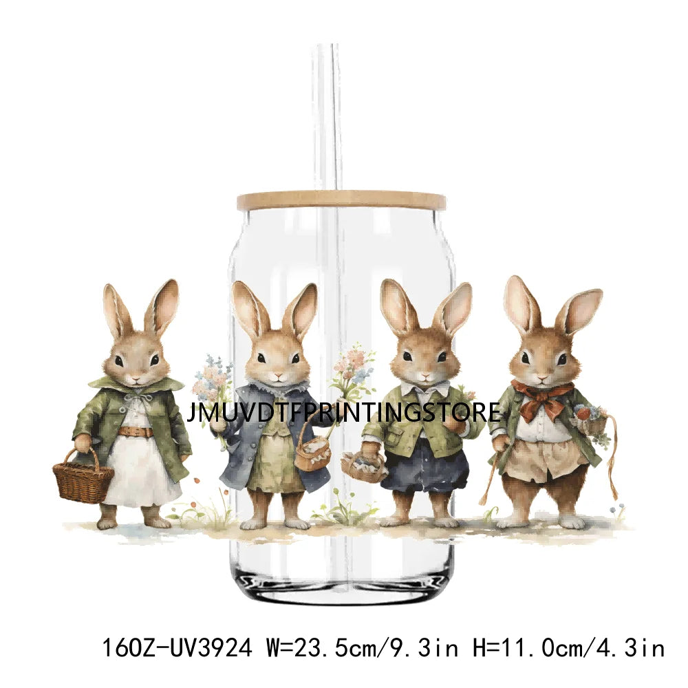 Cute Easter Bunny Rabbit With Flower 16OZ UV DTF Cup Wrap Transfer Sticker Custom Label DIY Waterproof Logo For Libbey Glass Can