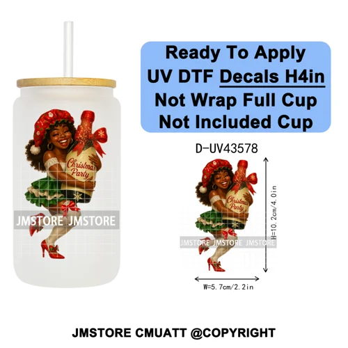 Fashion Black Girl Christmas Party UV DTF Cup Decals Ready To Apply Transfer Stickers Durable Custom Prints For Libbey Glass Can