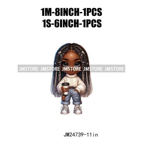 Dreadlocks Coffee Chibi Black Girls Pink Fashion African American Denim Girl Iron On DTF Heat Press Transfer Stickers For Shirts