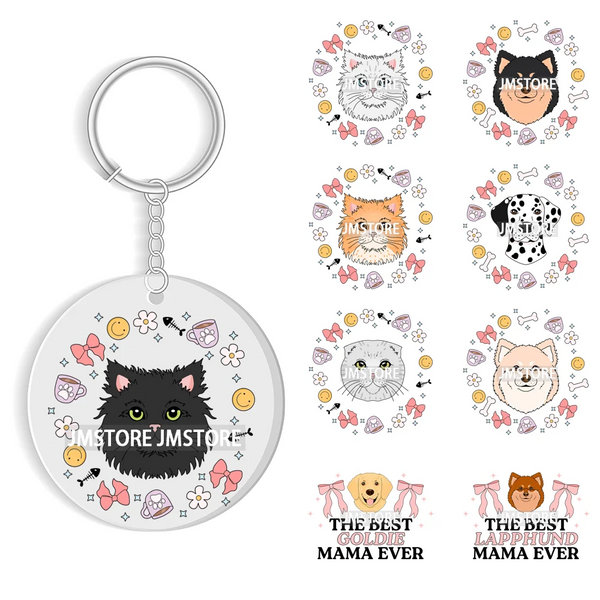 Floral Cat Lover The Best Mama Ever UV DTF Decal Round Keychain Ready To Apply WaterProof Transfer Stickers For Circle Keychain