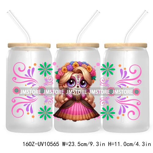 Dia De Los Muertos Mexican UV DTF Sticker For 16OZ Libbey Glass Cup Can Wrap Transfer Stickers Hispanic Halloween Sugar Skulls