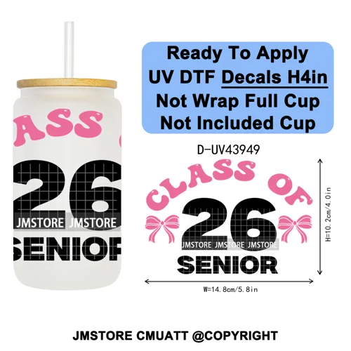 Girly University Graduation 2026 UV DTF Decals Ready To Apply Waterproof Transfer Stickers DIY Crafts For 16OZ Libbey Glass Can