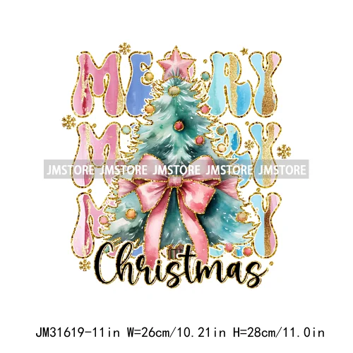 Merry And Bright Christmas Faux Gold Giltter Coquette Tree Gifts Girly Iron On DTF Transfer Stickers Ready To Press For Clothing