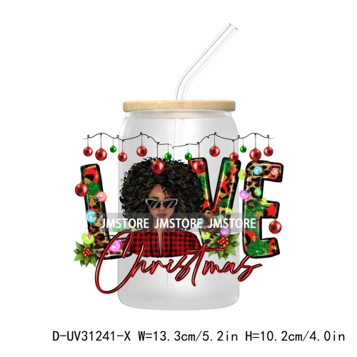 Afro Woman Nails Hip Pop Santa UV DTF Transfer Stickers Decals For Libbey Cold Cups Mugs Tumbler Just A Girl Who Loves Christmas