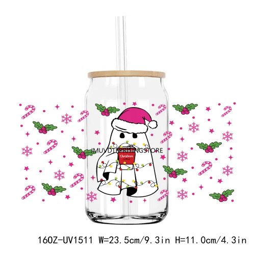 Christmas Santa Gingerbread 16OZ UV DTF Cup Wrap Transfer Sticker Custom Labels DIY Durable Waterproof Logo For Libbey Glass Can