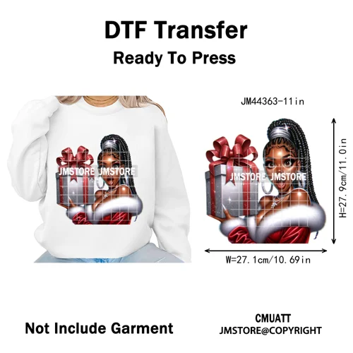 Funny Xmas Afro Glam Girly Gifts Holly Christmas Light Iron on Washable DTF Heat Transfers Stickers Ready to Press for Clothes