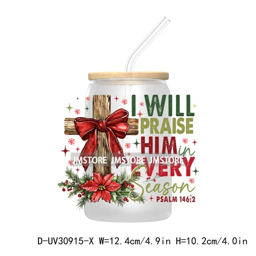 Jesus Is The Reason Christmas Cross Bow UV DTF Transfer Stickers Decals For Libbey Cold Cups Mugs Tumbler Waterproof Bible Verse