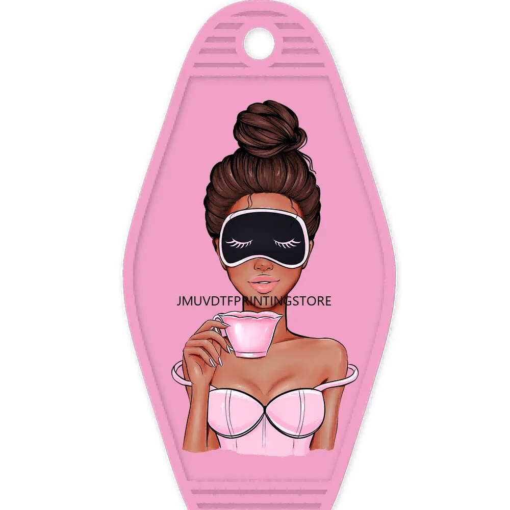 Coffee Drink Black Afro American Girl High Quality WaterProof UV DTF Sticker For Motel Hotel Keychian