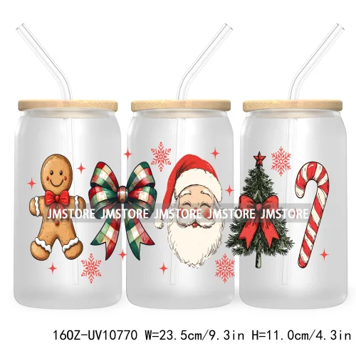 Christmas Highland Cow Coquette Bow 16OZ UV DTF Cup Wrap Waterproof Transfer Stickers For Libbey Glass Can Christmas Gingerbread